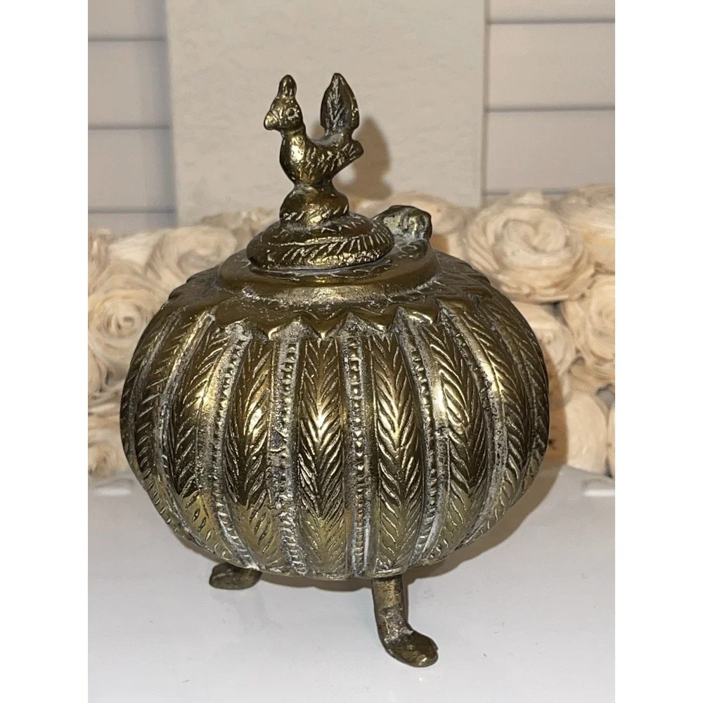 Antique Indian Cast Bronze Mughal Footed Ink Well w/ Peacock Lid‎ & Fluted Sides